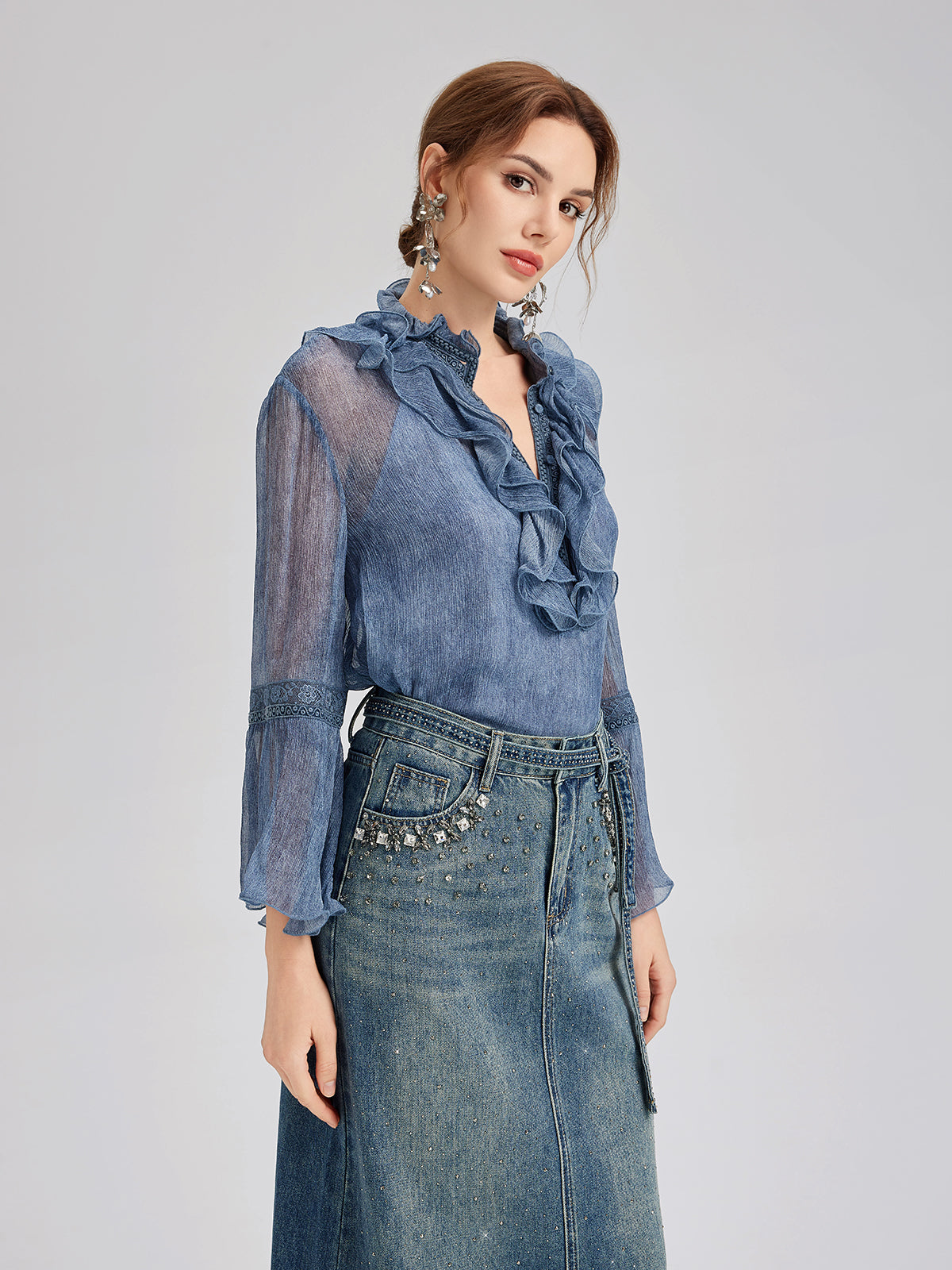 İpek Dantelli Fırfır Kenarlı Bluz (%100 İpek)