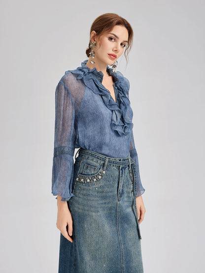 İpek Dantelli Fırfır Kenarlı Bluz (%100 İpek)