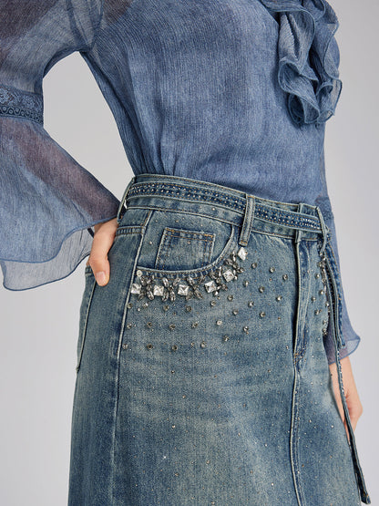 El İşlemeli Belden Taşlı Kot Etek