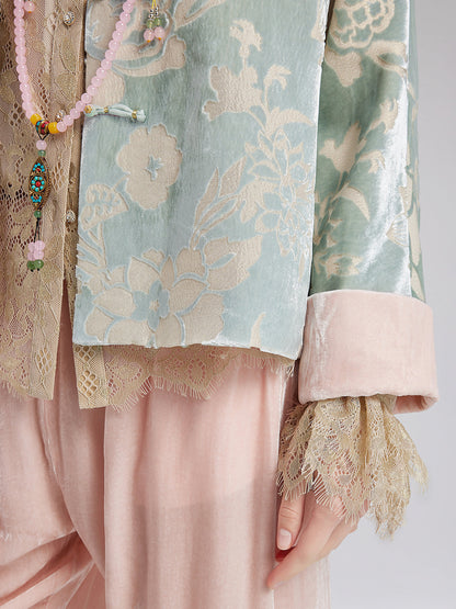 Modern Etnik Kadife Çiçekli Ceket