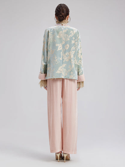 Modern Etnik Kadife Çiçekli Ceket