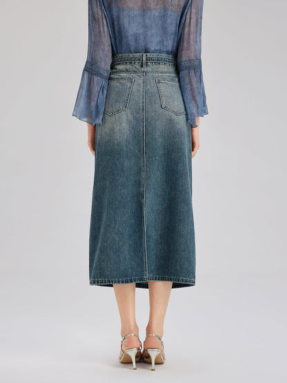 El İşlemeli Belden Taşlı Kot Etek