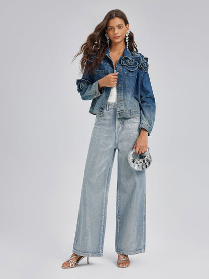 El Yapımı Çiçekli Renk Geçişli Kot Ceket