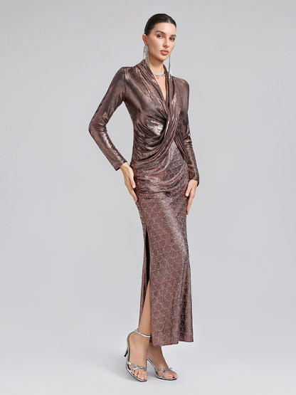 Altın Varaklı V Yaka Drapeli Bluz