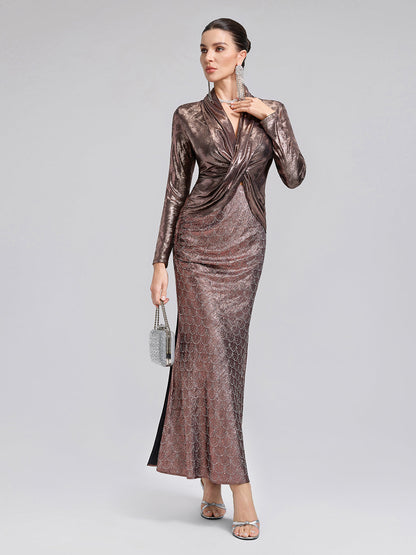 Altın Varaklı V Yaka Drapeli Bluz