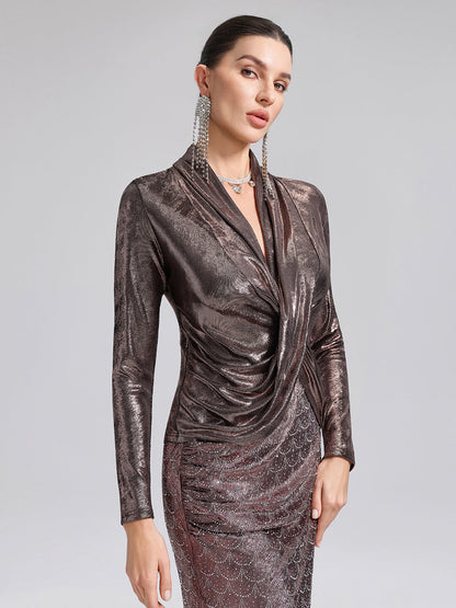 Altın Varaklı V Yaka Drapeli Bluz