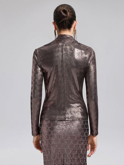 Altın Varaklı V Yaka Drapeli Bluz