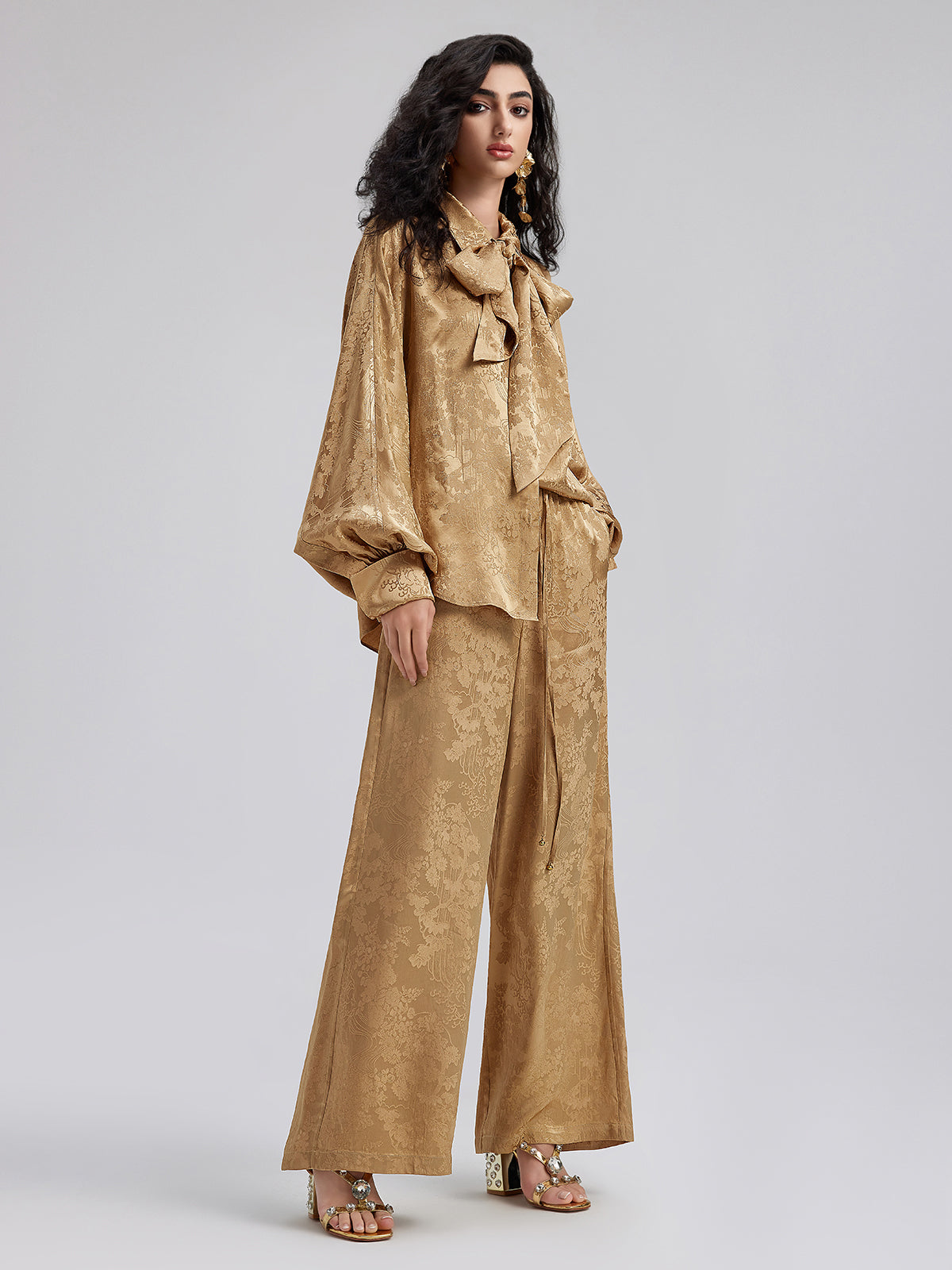 Altın Jakar Beli Lastikli Bol Pantolon