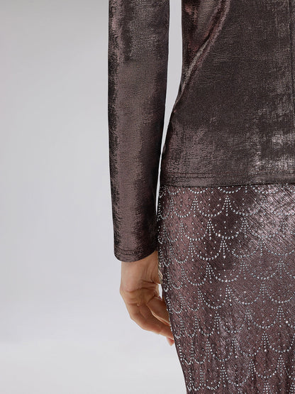 Altın Varaklı V Yaka Drapeli Bluz