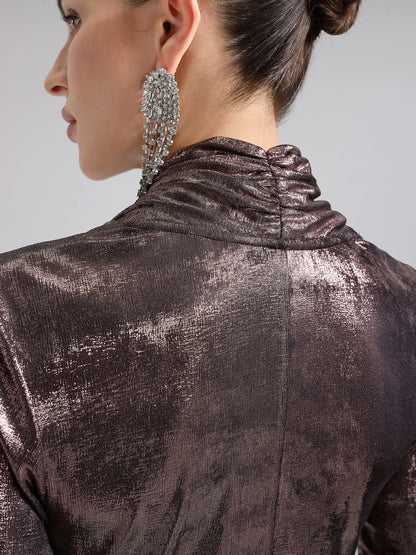 Altın Varaklı V Yaka Drapeli Bluz