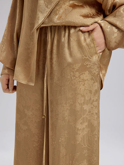 Altın Jakar Beli Lastikli Bol Pantolon