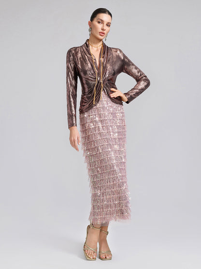 Altın Varaklı V Yaka Drapeli Bluz