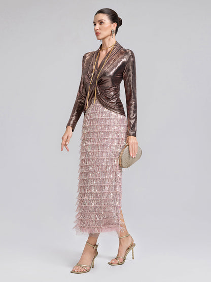 Altın Varaklı V Yaka Drapeli Bluz