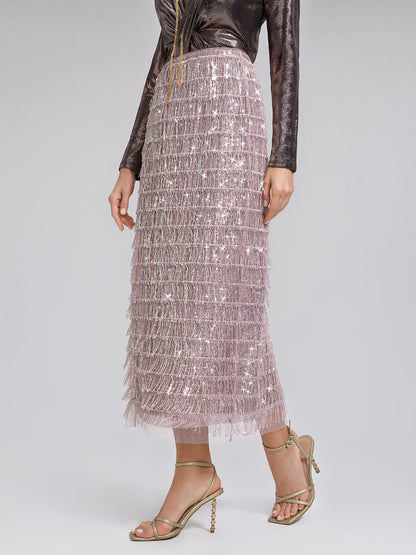 Arkası Yırtmaçlı Pullu Püsküllü Etek