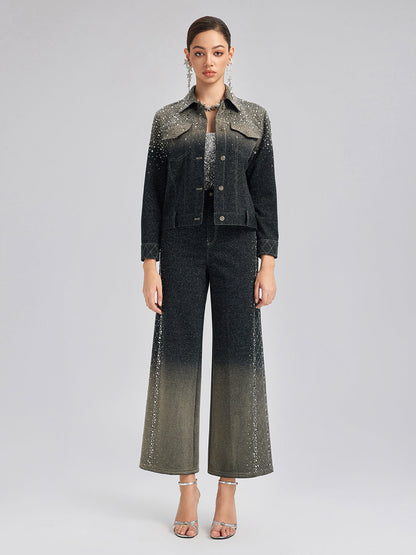 El Yapımı Taşlı Renk Geçişli Triko Pantolon