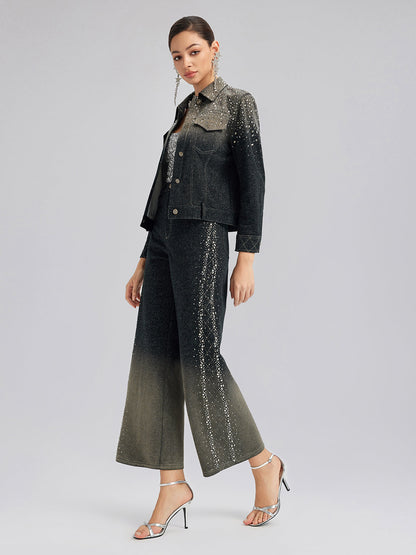 El Yapımı Taşlı Renk Geçişli Triko Pantolon