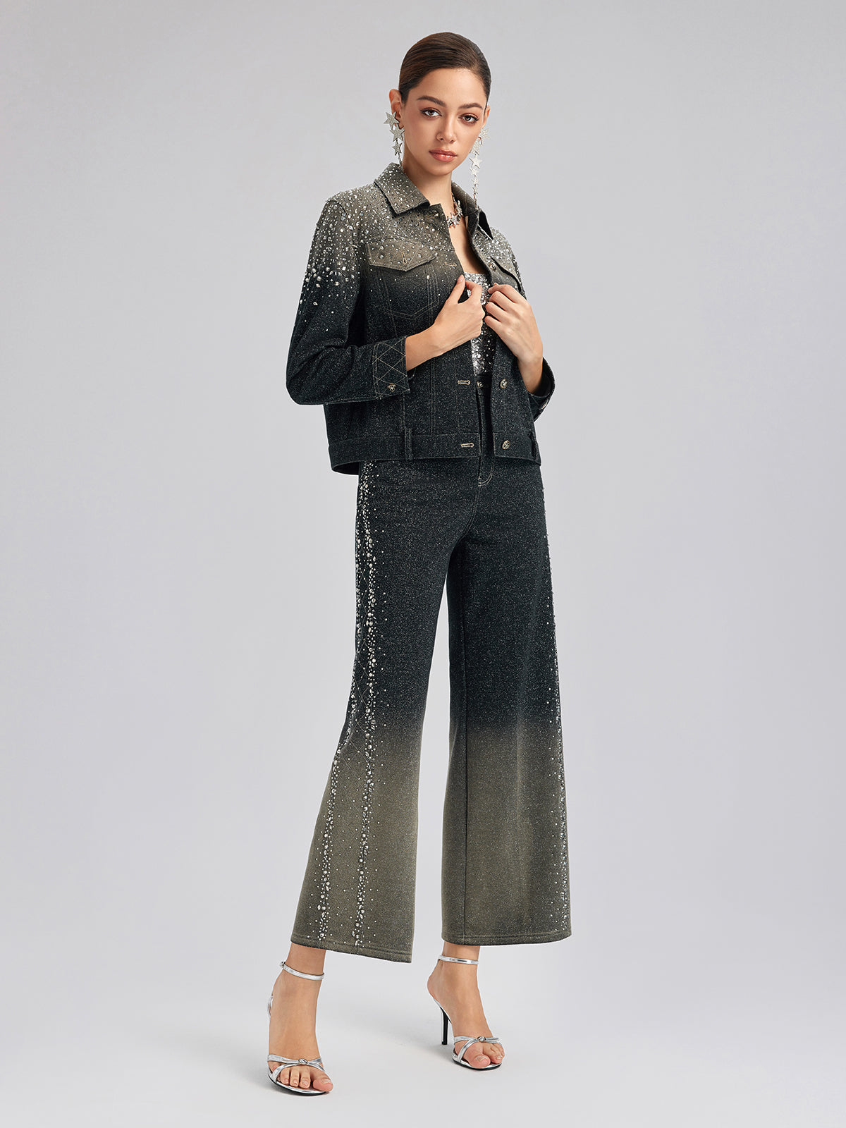 El Yapımı Taşlı Renk Geçişli Triko Pantolon