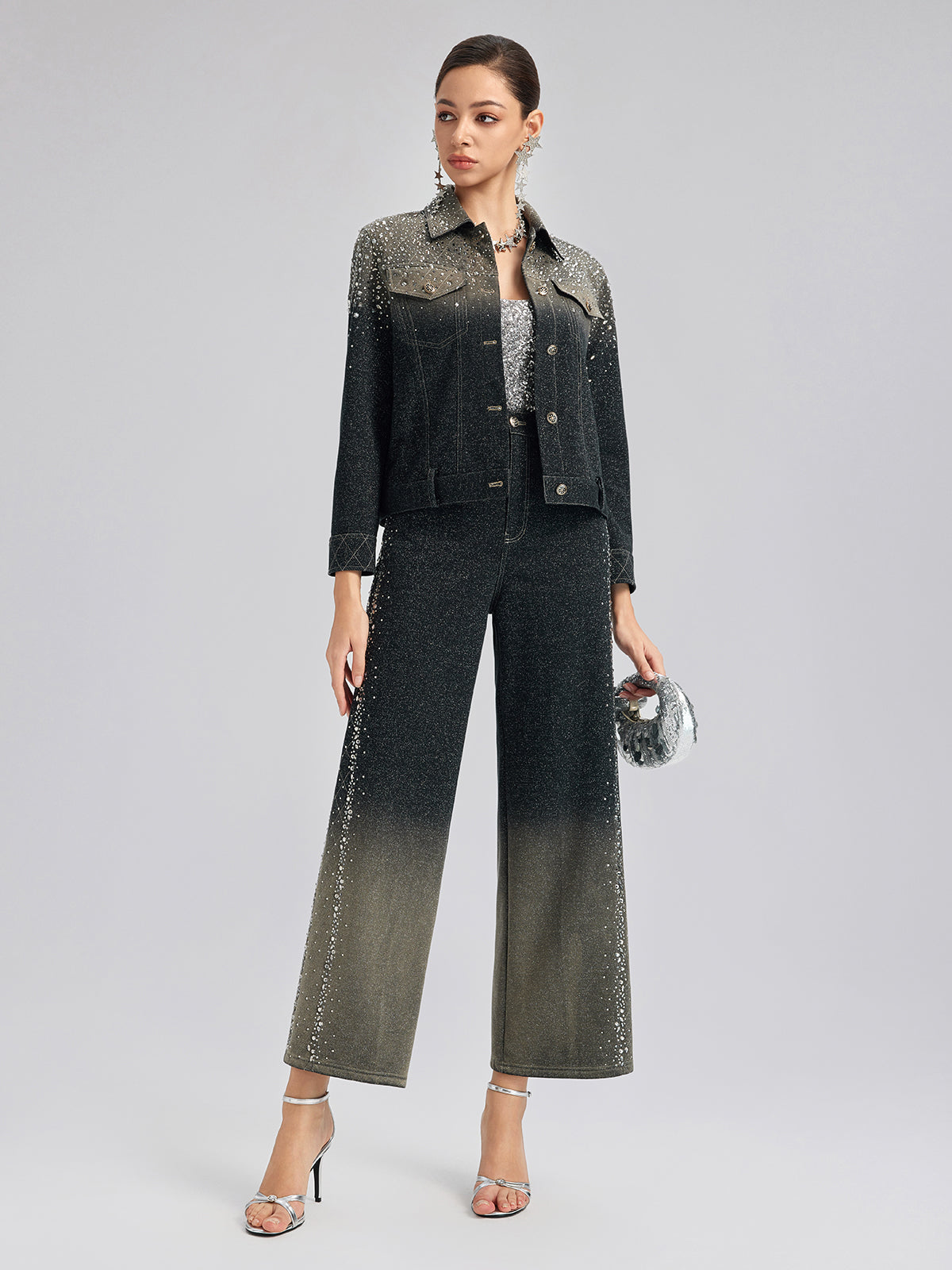 El Yapımı Taşlı Renk Geçişli Triko Pantolon