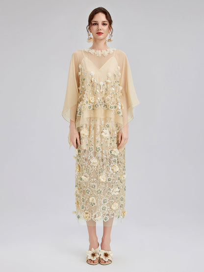 İşlemeli Çiçekli Pullu Şifon Etek