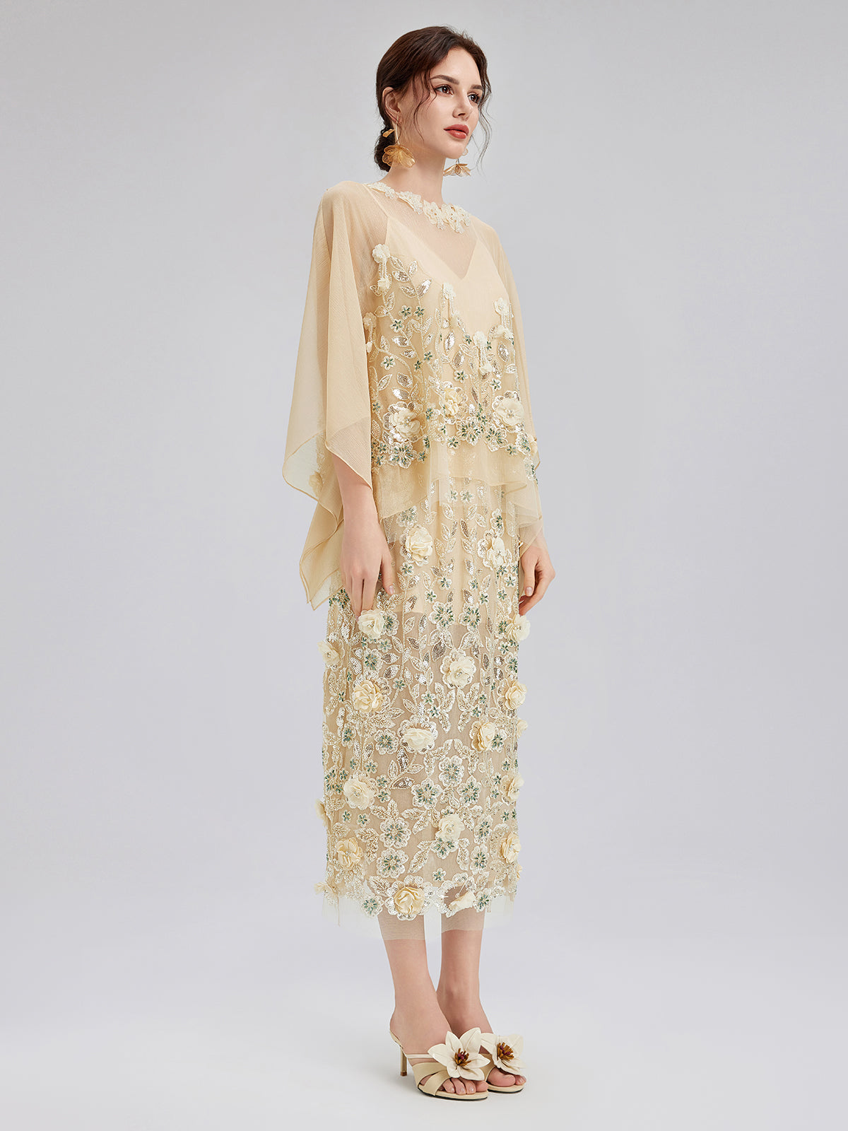 İşlemeli Çiçekli Pullu Şifon Etek