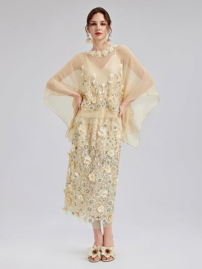 İşlemeli Çiçekli Pullu Şifon Etek