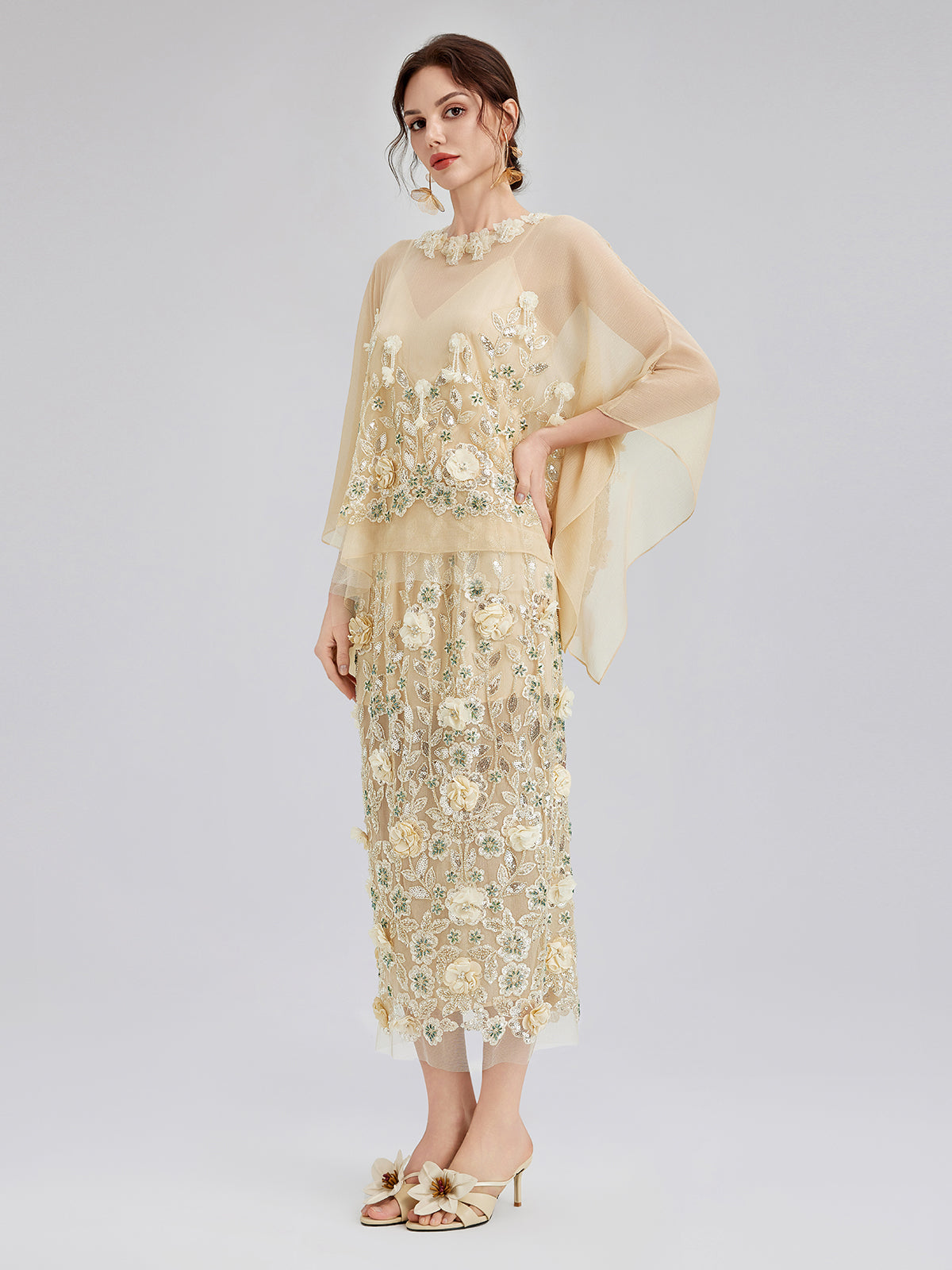 İşlemeli Çiçekli Pullu Şifon Etek