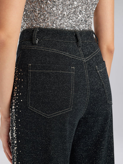 El Yapımı Taşlı Renk Geçişli Triko Pantolon