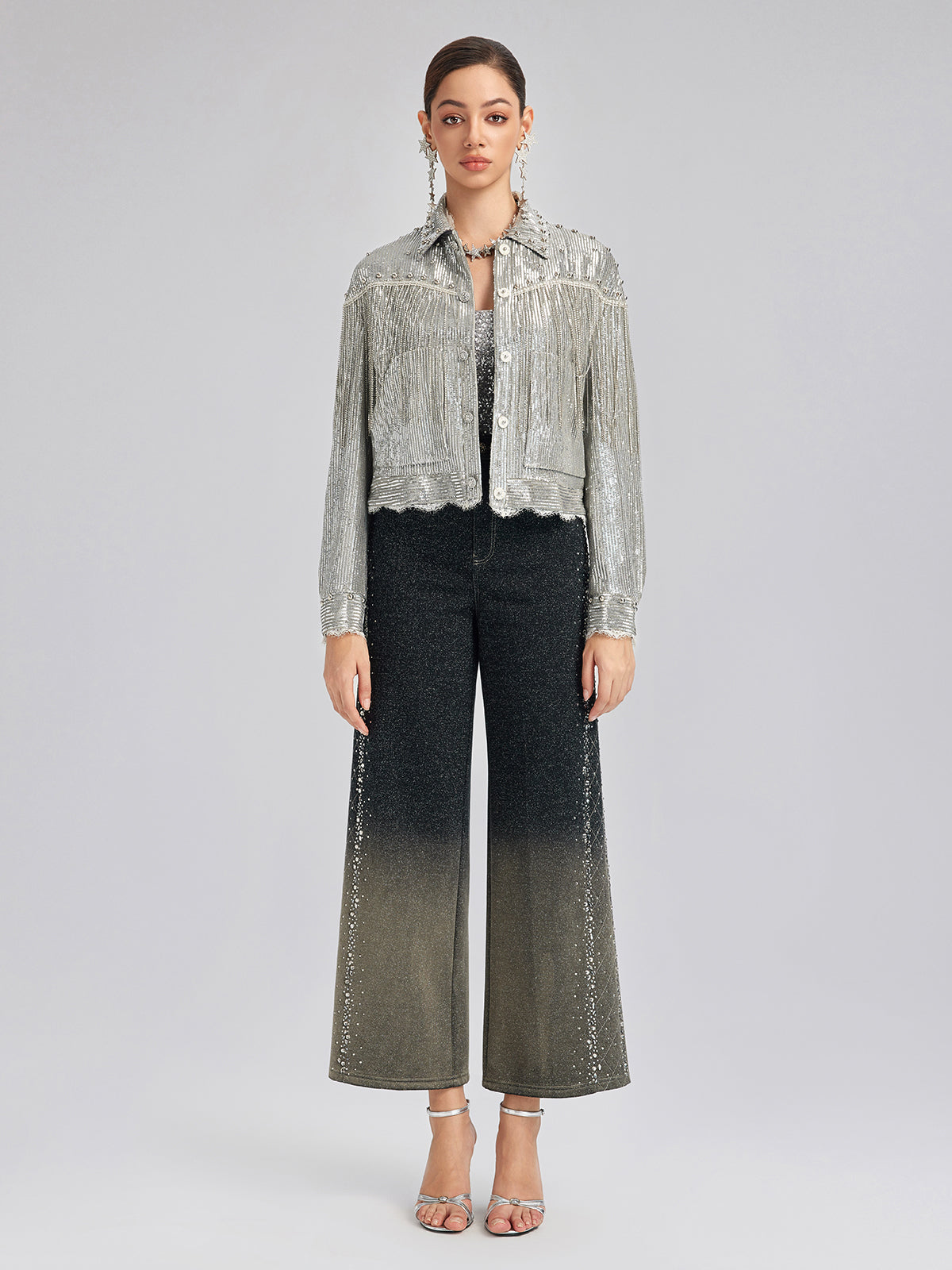 El Yapımı Taşlı Renk Geçişli Triko Pantolon