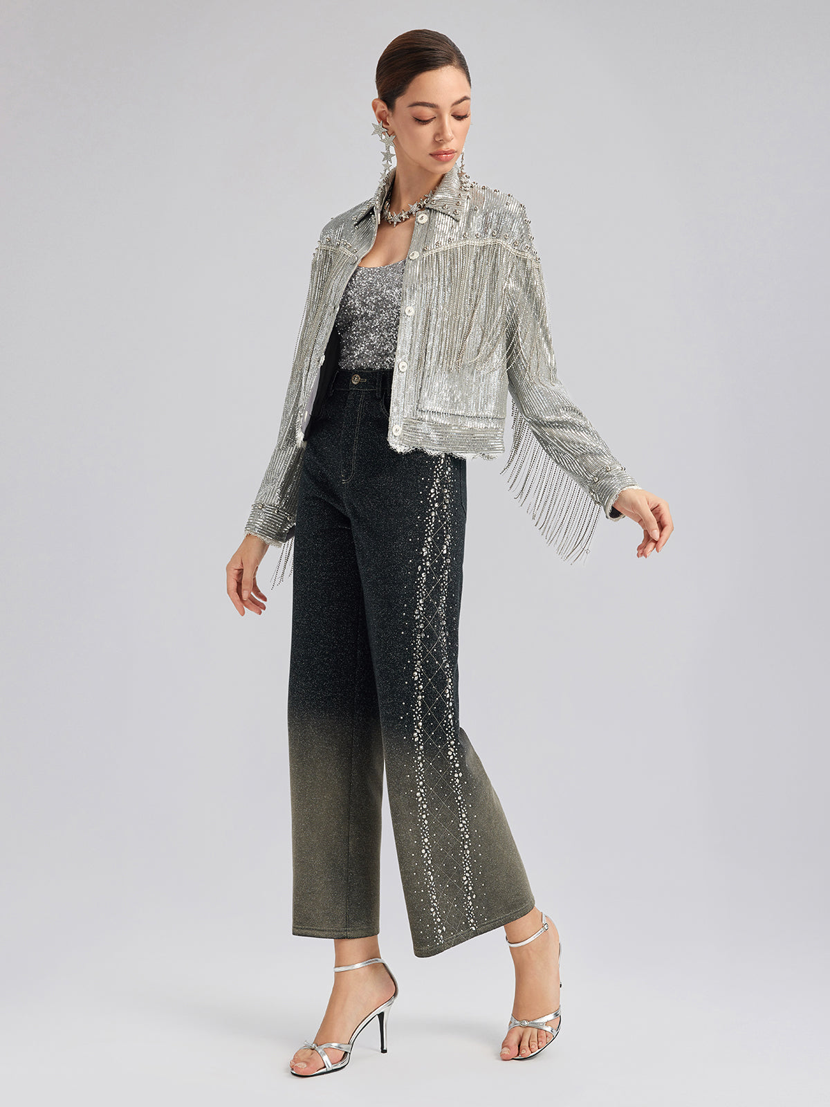 El Yapımı Taşlı Renk Geçişli Triko Pantolon