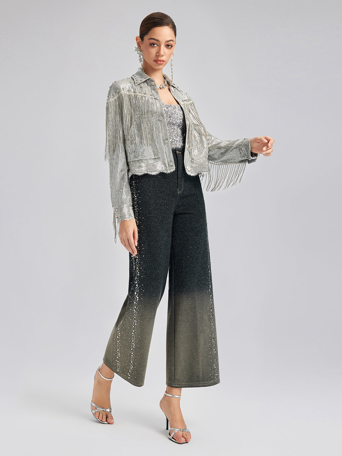 El Yapımı Taşlı Renk Geçişli Triko Pantolon