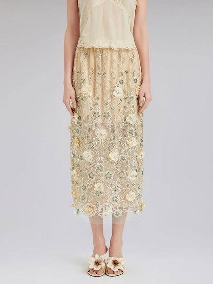 İşlemeli Çiçekli Pullu Şifon Etek