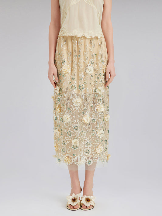 İşlemeli Çiçekli Pullu Şifon Etek