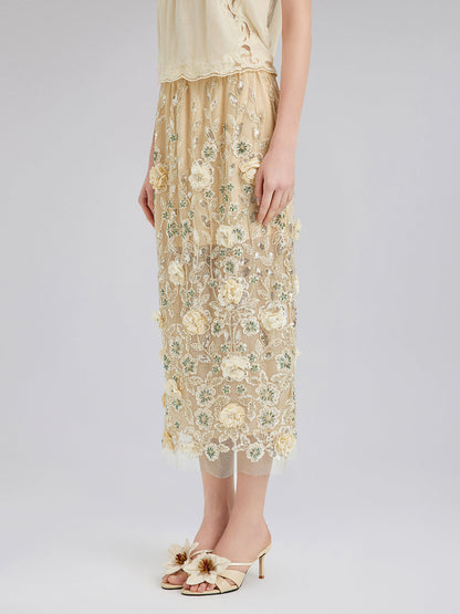 İşlemeli Çiçekli Pullu Şifon Etek