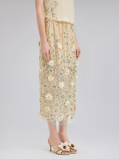 İşlemeli Çiçekli Pullu Şifon Etek