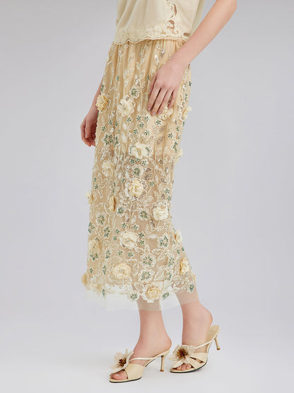 İşlemeli Çiçekli Pullu Şifon Etek