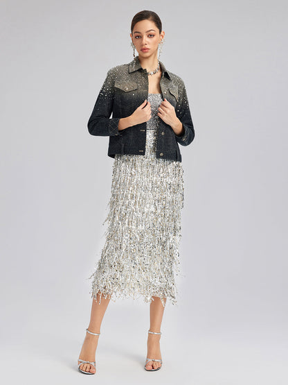 El Yapımı Taşlı Renk Geçişli Triko Ceket