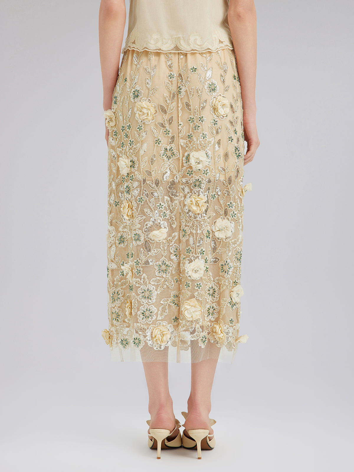 İşlemeli Çiçekli Pullu Şifon Etek