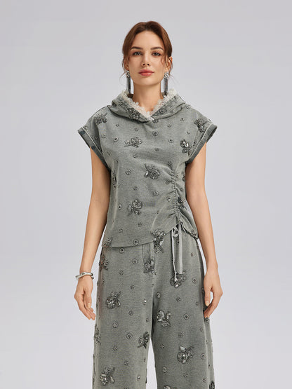 Parça Boyama Boncuklu Kapüşonlu Üst