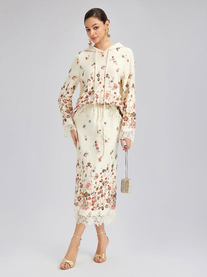 Çiçekli Pullu Nakışlı Triko Etek