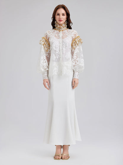 Barok Dantel Nakışlı Dik Yaka Bluz