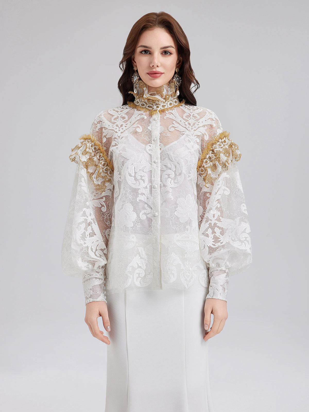 Barok Dantel Nakışlı Dik Yaka Bluz