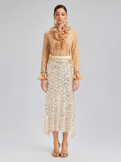 Boncuklu Dantelli Fırfır Yaka Bluz