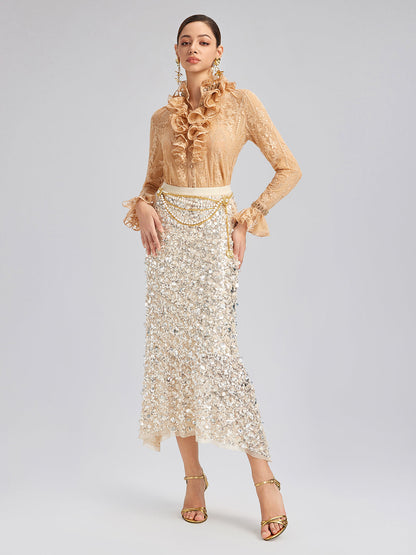 Boncuklu Dantelli Fırfır Yaka Bluz