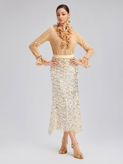 Boncuklu Dantelli Fırfır Yaka Bluz