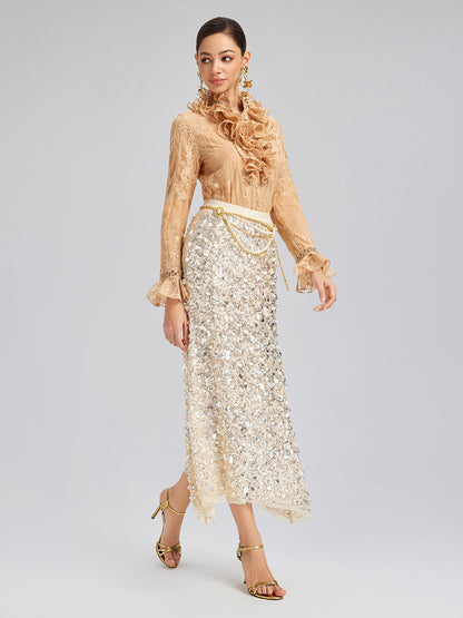 Boncuklu Dantelli Fırfır Yaka Bluz