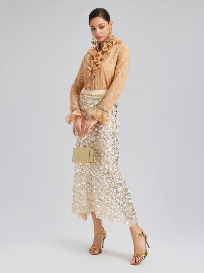 Boncuklu Dantelli Fırfır Yaka Bluz