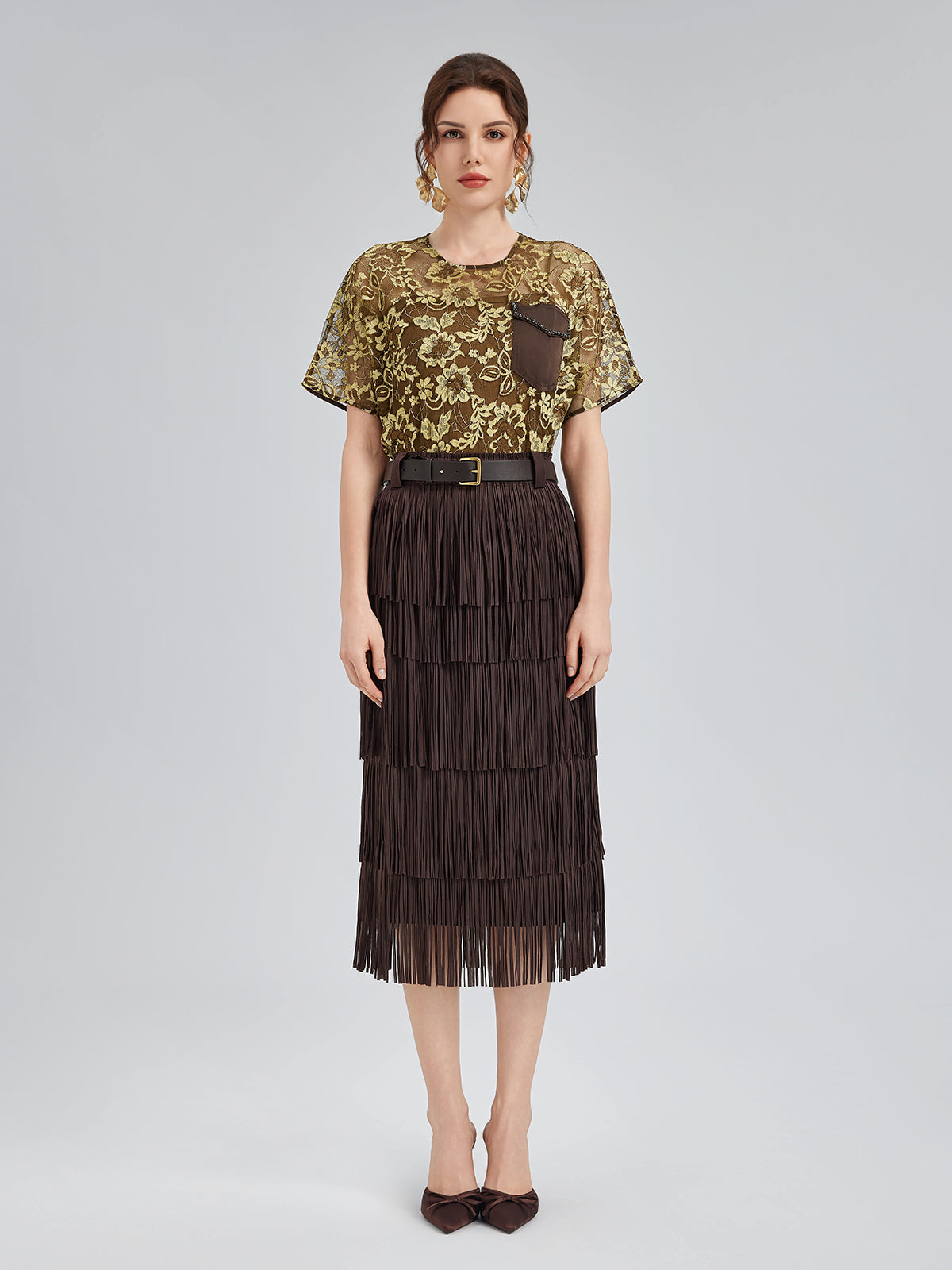 Altın Dantel Boncuklu Cepli Tişört