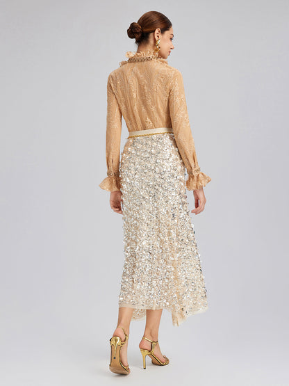 Boncuklu Dantelli Fırfır Yaka Bluz