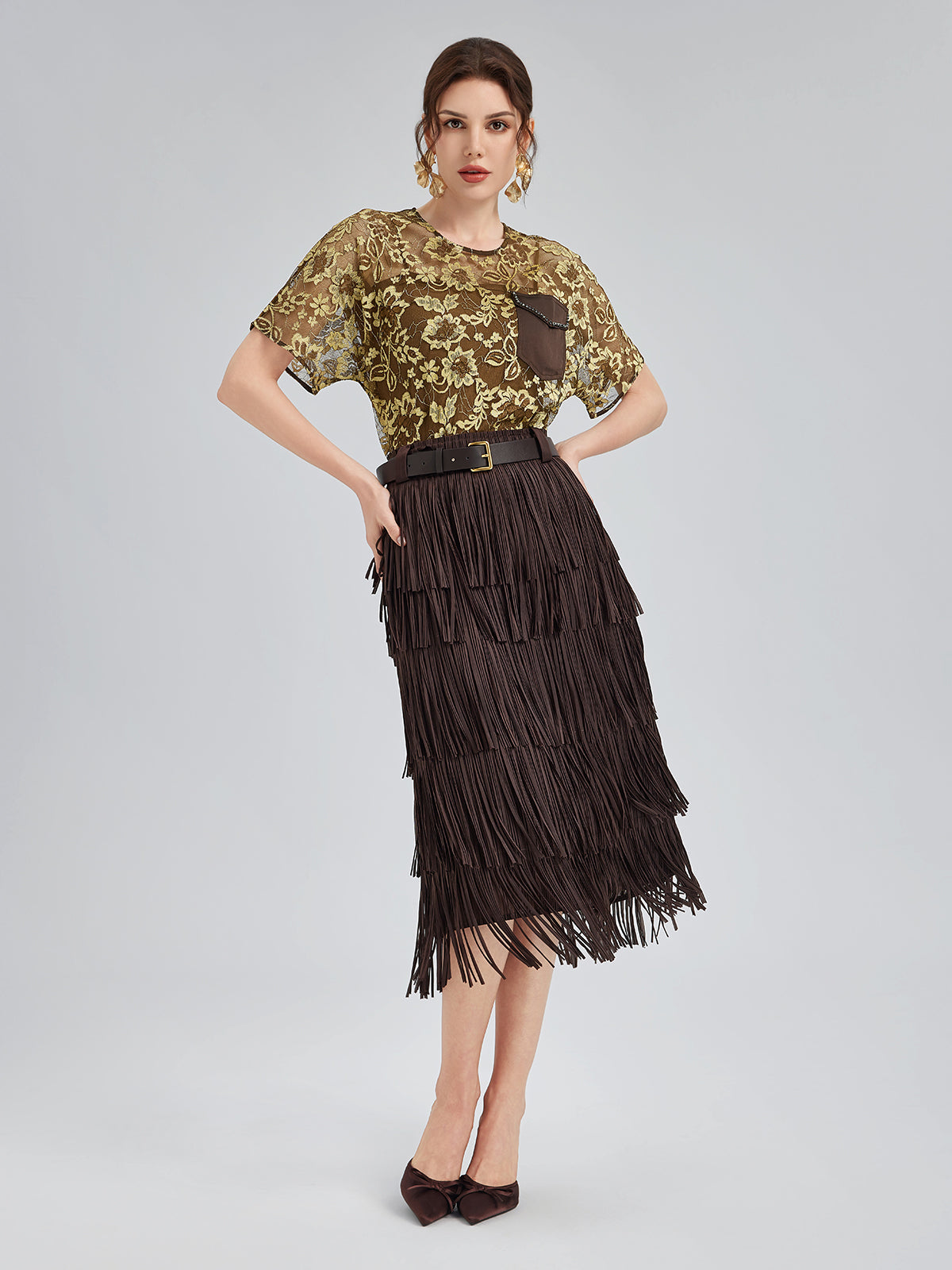 Altın Dantel Boncuklu Cepli Tişört