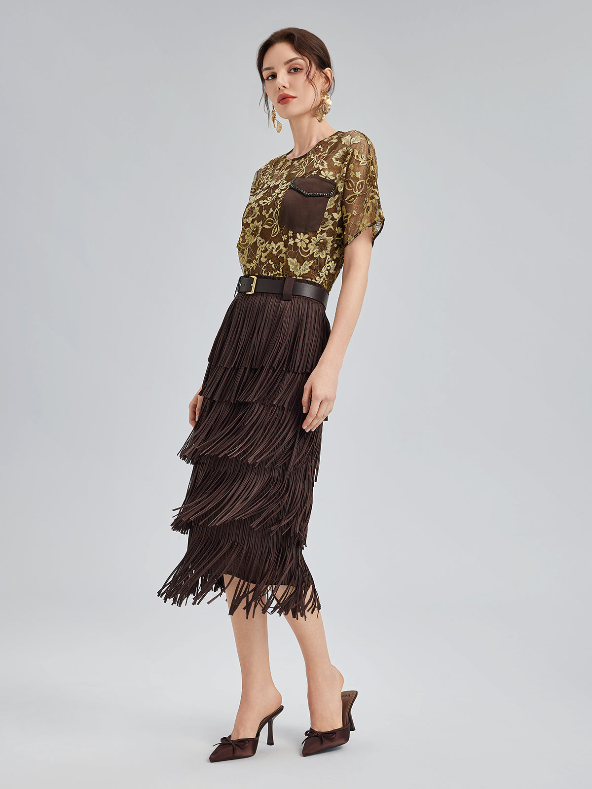 Altın Dantel Boncuklu Cepli Tişört